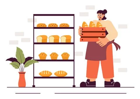 Bread Mill Vector Illustration featuring Wheat Sacks, Assorted Breads, and .. Stock Illustration