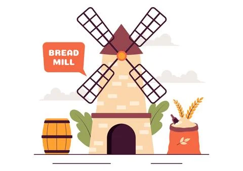 Bread Mill Vector Illustration featuring Wheat Sacks, Assorted Breads, and .. Stock Illustration