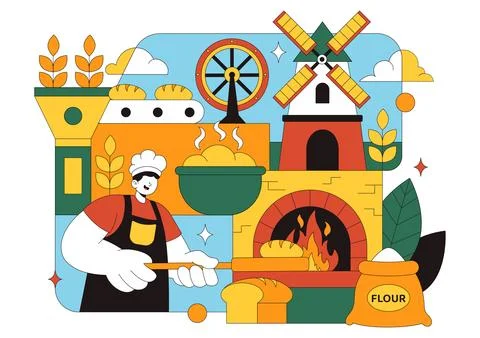 Bread Mill Vector Illustration Featuring Wheat Sacks, Assorted Breads, and .. Illustrazione stock