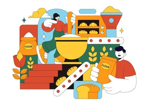 Bread Mill Vector Illustration Featuring Wheat Sacks, Assorted Breads, and .. Stock Illustration