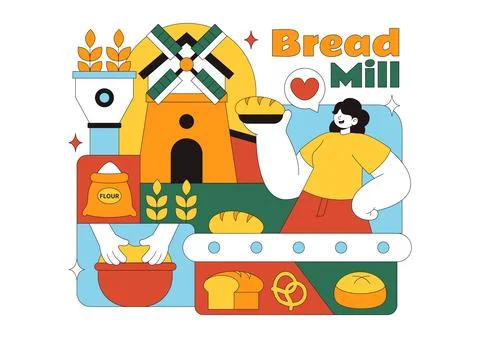 Bread Mill Vector Illustration Featuring Wheat Sacks, Assorted Breads, and .. Stock Illustration