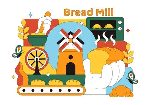 Bread Mill Vector Illustration Featuring Wheat Sacks, Assorted Breads, and .. Stock Illustration