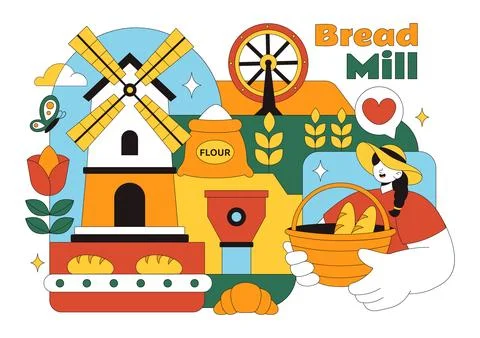 Bread Mill Vector Illustration Featuring Wheat Sacks, Assorted Breads, and .. Stock Illustration