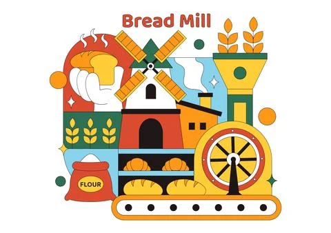 Bread Mill Vector Illustration Featuring Wheat Sacks, Assorted Breads, and .. 스톡 일러스트