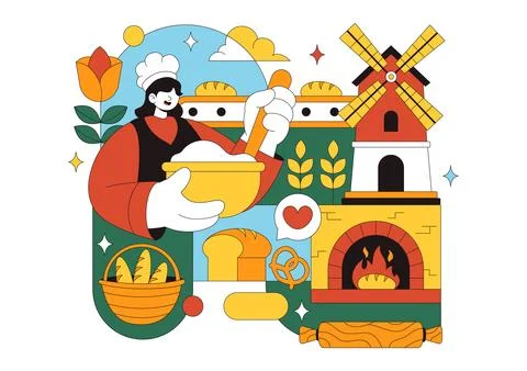 Bread Mill Vector Illustration Featuring Wheat Sacks, Assorted Breads, and .. Stock Illustration