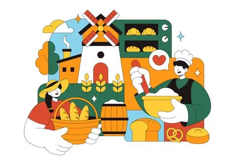 Bread Mill Vector Illustration Featuring Wheat Sacks, Assorted Breads, and .. イラスト素材