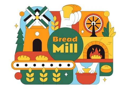 Bread Mill Vector Illustration Featuring Wheat Sacks, Assorted Breads, and .. 스톡 일러스트
