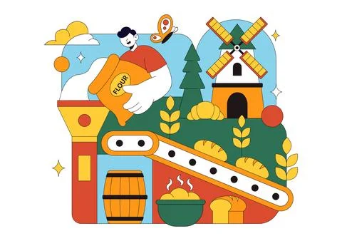Bread Mill Vector Illustration Featuring Wheat Sacks, Assorted Breads, and .. Stock Illustration