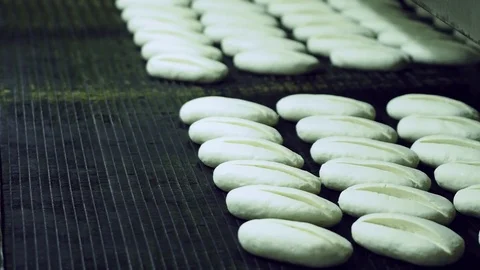 Bread moving on a conveyor belt, ready for baking in bakery Stock Footage 70749611