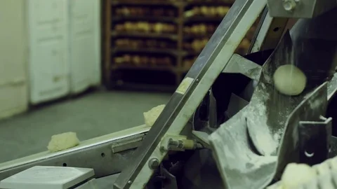 Bread moving on a conveyor belt, ready for baking in bakery Stock Footage 70749795
