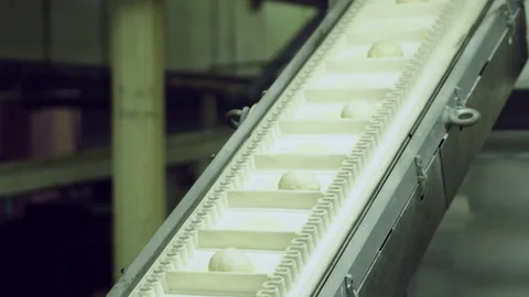 Bread moving on a conveyor belt, ready for baking in bakery Stock Footage 70749917
