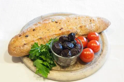 Bread with olives and tomatoes Stock Photos