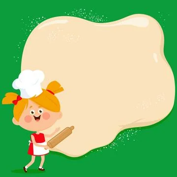 Bread or pizza dough background with little child chef holding a rolling pin. Stock Illustration
