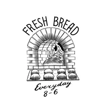 Bread oven. Baking on the board. Engraved hand drawn in old sketch and vintage Stock Illustration