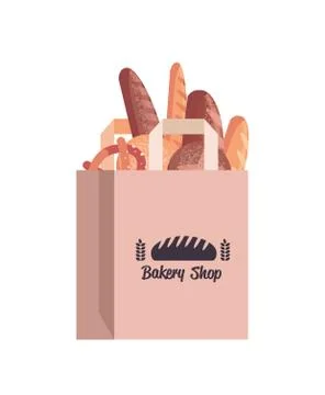 Bread in paper bag different bakery pastry products in package Stock Illustration