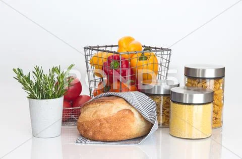 Bread, pasta, millet, vegetables and rosemary Stock Photos