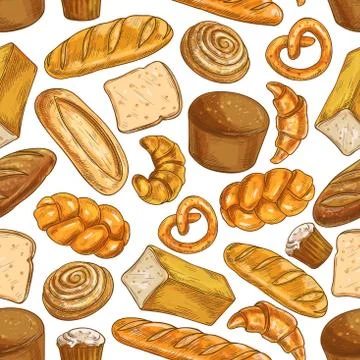 Bread pattern. Bakery seamless sketch icons 스톡 일러스트