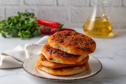 Bread with peppers or spicy bread - Turkish name; biberli ekmek Stock Photos