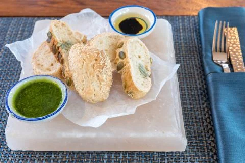 Bread with pesto Stock Photos