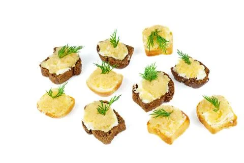 Bread pieces with delicious cod caviar on white background Stock Photos