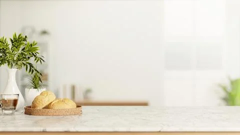 Bread plate and coffee cup with white vase on marble counter table across w.. Stock Illustration