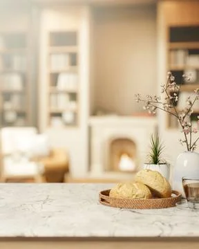 Bread plate and coffee cup aside flower vase on marble counter table across.. Stock Illustration