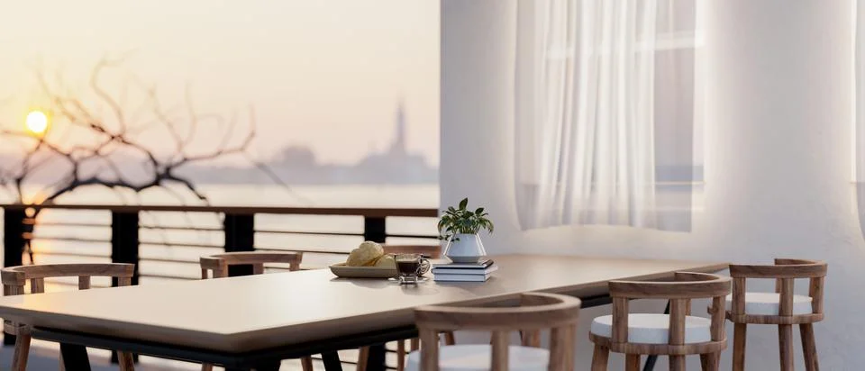 Bread on plate next to coffee cup on a long table with armchairs on terrace.. Stock Illustration