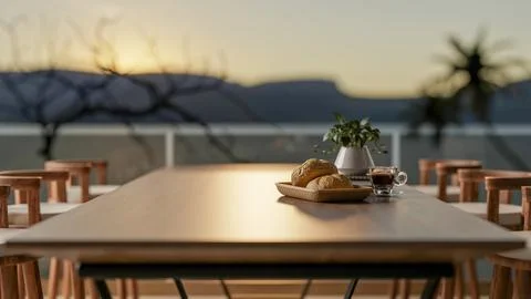 Bread on plate next to coffee cup on square table with armchairs on terrace.. Stock Illustration