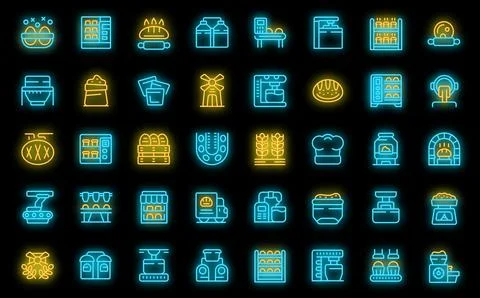 Bread production icons set vector neon Stock Illustration