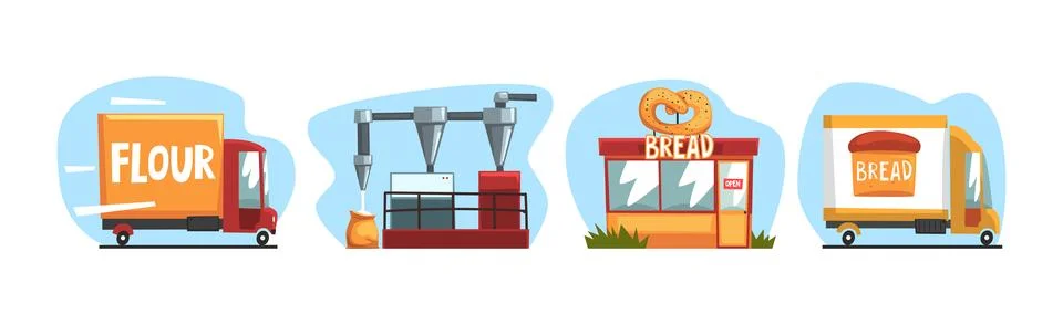 Bread Production Process and Step Scene Vector Set Stock Illustration