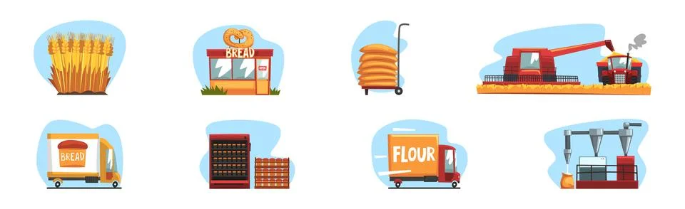 Bread Production Process and Step Scene Vector Set Stock Illustration