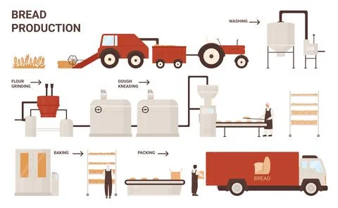 Bread production process with automated processing line Stock Illustration
