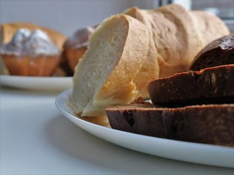 Bread products on the kitchen table Stock Photos