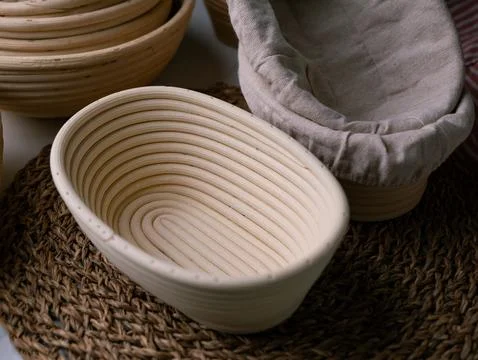 Bread Proofing basket, bannetons baskets for retarding raw dough before bakin 스톡 사진