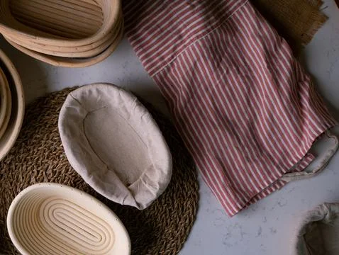 Bread Proofing basket, bannetons baskets for retarding raw dough before bakin Stock Photos