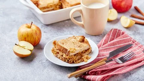 Bread pudding breakfast casserole made from wheat bread, eggs, milk and gra.. Stock Photos