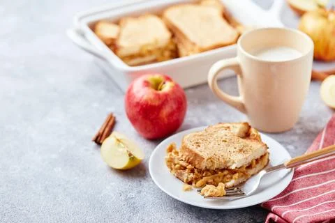 Bread pudding breakfast casserole made from wheat bread, eggs, milk and grate Stock Photos