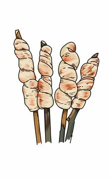Bread rolled onto wood. Simple Cooking in nature	 Stock Illustration