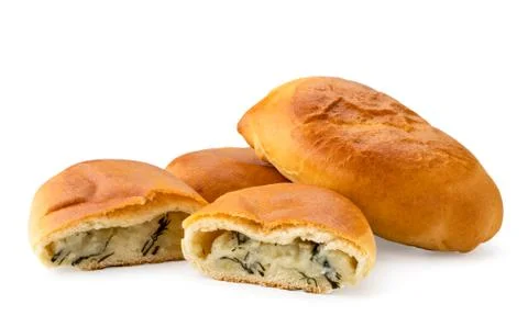 Bread rolls with potatoes and two halves on a white, isolated. Stock Photos