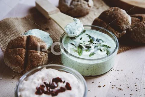 Bread rolls with various spreads Stock Photos