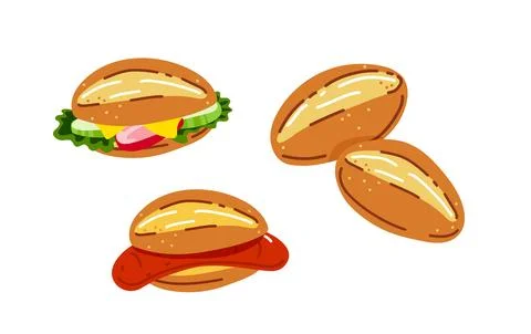 Bread rolls with vegetables or sandwich with grilled sausage.Vector illustration Illustrazione stock