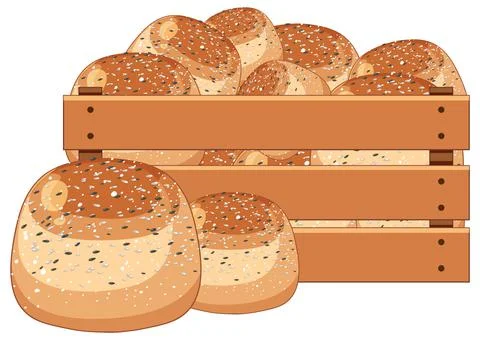 Bread rolls in wooden crate Stock Illustration