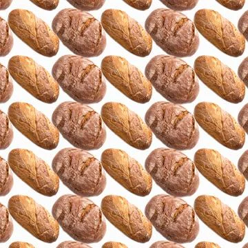 Bread, rye loaf bakery products on white background, pattern, close- Illustrazione stock