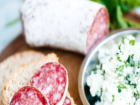 Bread, salami, vegetables Stock Footage 71555743