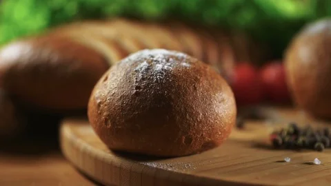 Bread, salt and pepper big close up Stock Footage 73276037