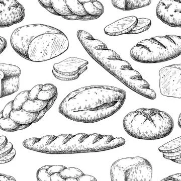 Bread seamless pattern. Vector drawing. Bakery product sketch ba Illustrazione stock