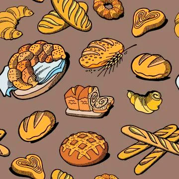 Bread seamless pattern. Vector drawing. Bakery product colored sketch background Stock Illustration