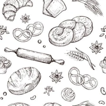 Bread seamless pattern. Vintage sketch bakery repeating vector background Illustrazione stock