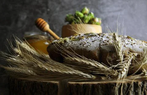 Bread with seeds, side view. Stock Photos