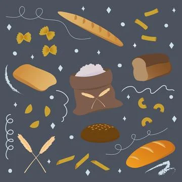 Bread set in flat style with doodle elements Stock Illustration